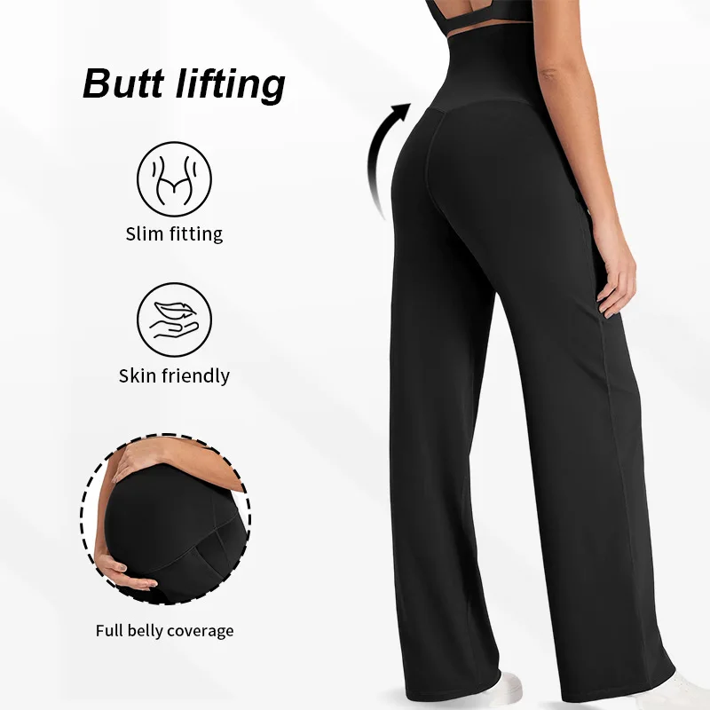 Maternity Wide Leg Pants Pregnant Women High Waist Tummy Support Trousers Soft Stretchy Casual Straight Leg Yoga Lounge Pants - Image 5