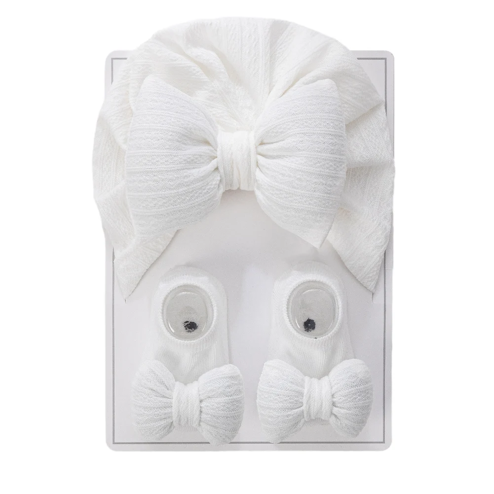 3Pcs/Set Baby Hats Socks Set Big Puff Pillow Bows Boys Girls Beanies Caps 0-12M Non-Slip Short Sock Infant Photography Props - Image 9
