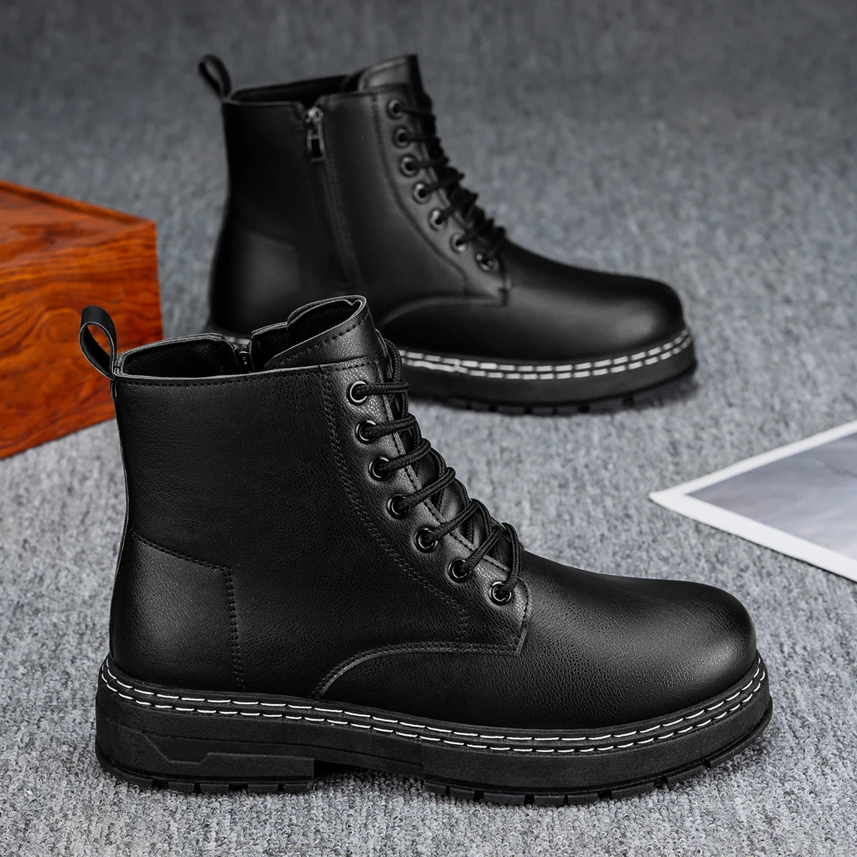 Men's High-Top Boots Fashionable All-Match Casual Shoes Classic Black British Style Motorcycle Boots Four-Season Trendy Footwear - Image 3