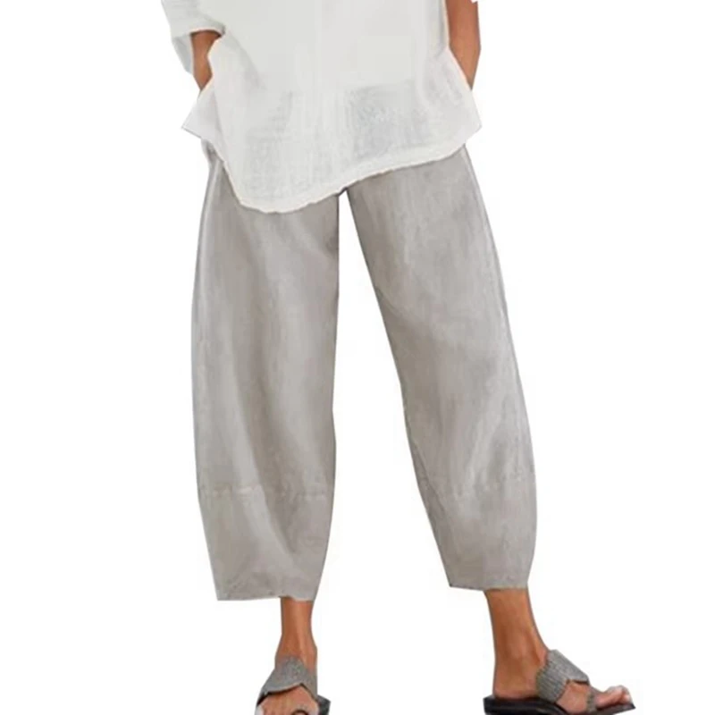 Women Harem Pants Vintage Cotton Linen Elastic Waist Wide Leg Trousers Female Casual Solid Pockets Loose Cropped Pants - Image 6