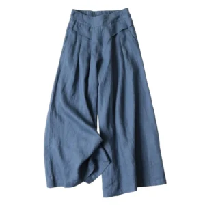 Summer Women's Culottes Cotton Linen Cropped Wide Leg Pants Elastic Waist Casual Palazzo Trousers with Pockets