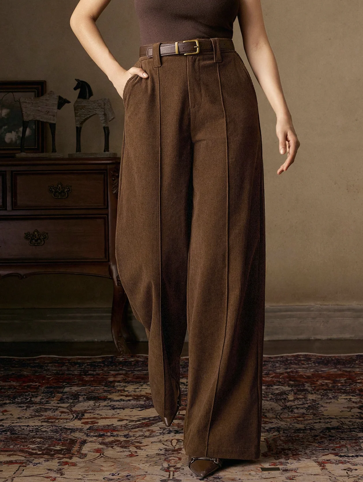 Women's Tailored Vacation Elegant Casual Fashion Outdoor Sports Corduroy All-Season Pants (No Belt)