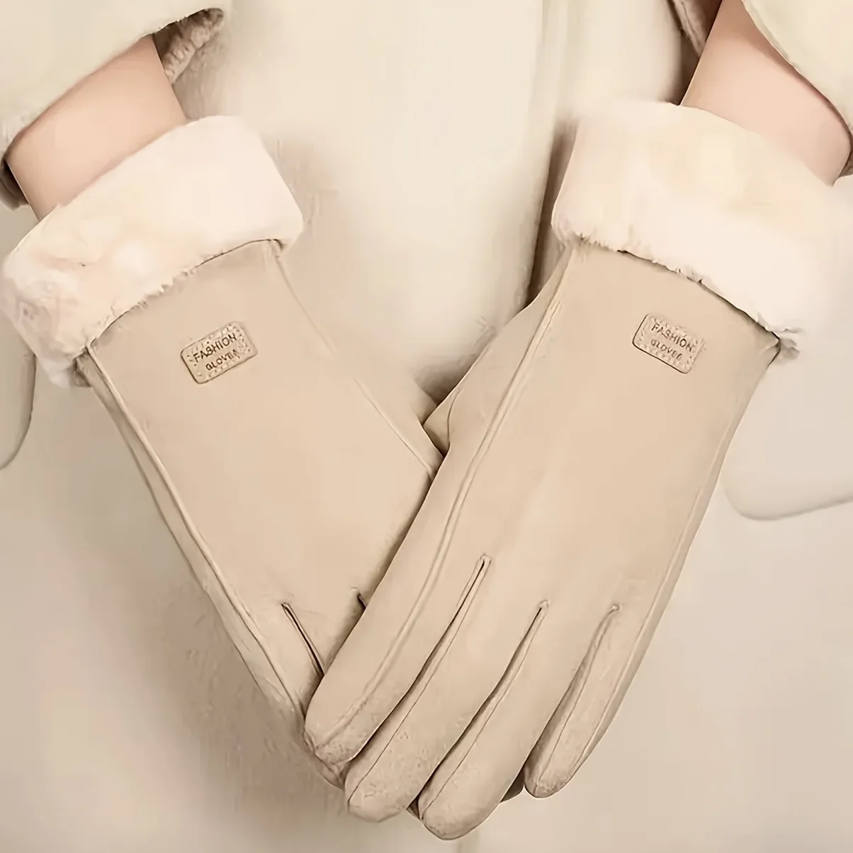 Comfortable beige touchscreen gloves with plush lining - providing thick and warm winter protection for outdoor leisure - Image 4