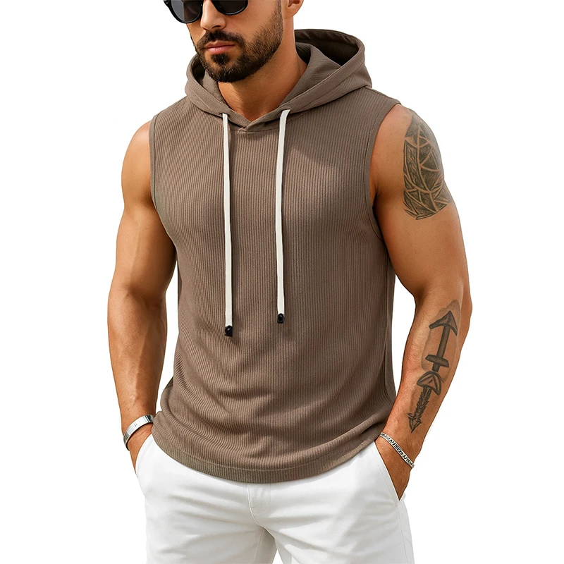 Tank Top Men’s Ribbed Sleeveless Hoodie Casual Muscle Fit Hooded Vest Gym Streetwear Sportswear Men Summer Top Tee Hooded Tank - Image 7