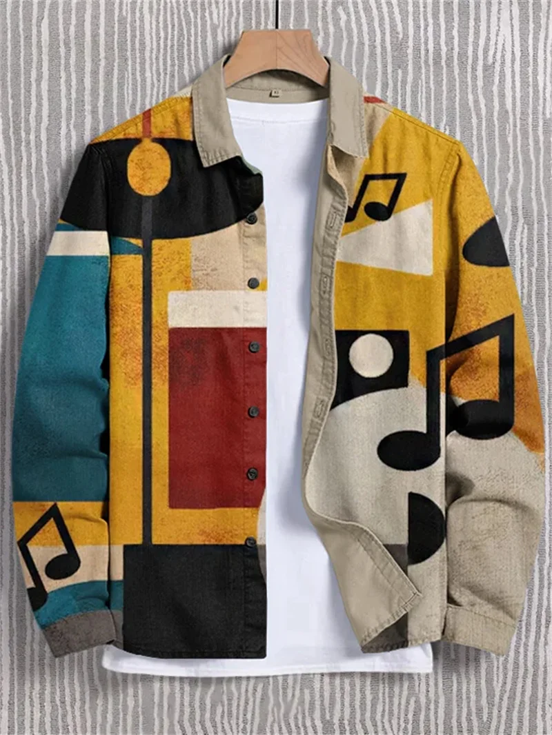 Linen Men's 3D Art Printed Shirt Casual Vintage Style Long Sleeve Lapel Collar Top Fashion Funny Printed Beige Top - Image 8