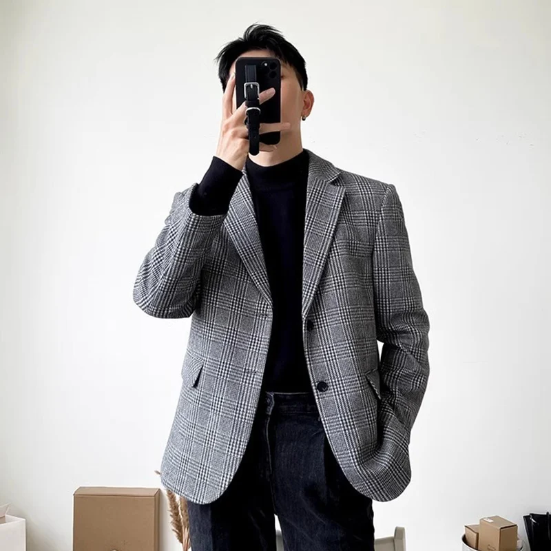 Men's American-Style Woolen Suit Jacket for Spring and Autumn, Loose Houndstooth Vintage European and American Casual Trendy Blazer - Image 5
