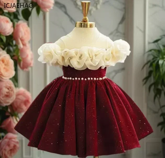 2025 Children's Dressfor Eid Party Princess Dresses High-End Red Flower Child Wedding Little Girl BirthdayHost Piano Costume - Image 2