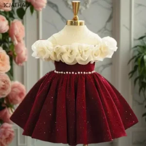 2025 Children's Dressfor Eid Party Princess Dresses High-End Red Flower Child Wedding Little Girl BirthdayHost Piano Costume