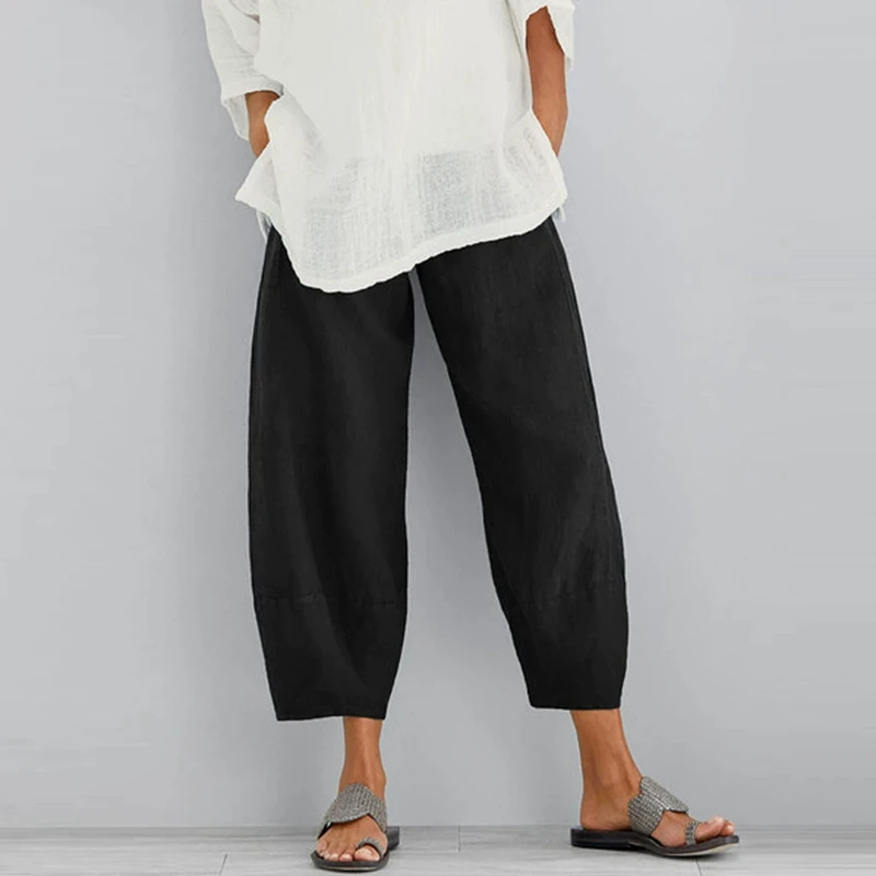 Women Harem Pants Vintage Cotton Linen Elastic Waist Wide Leg Trousers Female Casual Solid Pockets Loose Cropped Pants - Image 4