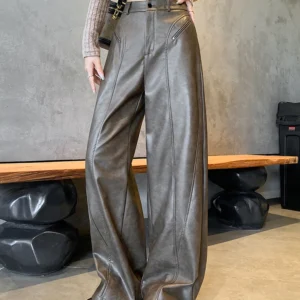 Faux Leather Pants Women's Trouser Autumn Winter High Waist Loose Casual Wide Leg Straight Trousers Female Y2K Black PU Pants