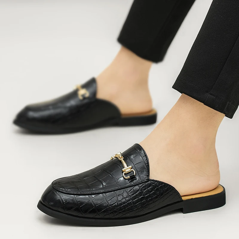 Leather Black Men’s Half Shoes for Men Party Shoes Casual Designer Shoes Fashion Loafers Luxury Black Slippers New Summer - Image 10