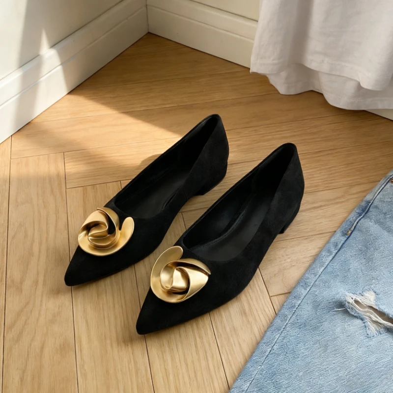 Elegant Office Women's Dress Shoes 2026 Summer New Black Shallow Pointed Toe Fashion Metal Flower Comfortable Ladies Flats - Image 3