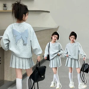 Spring Autumn Kids Girl Clothes Set with Bow Elegant Casual Child Street Clothing Set For Teenager Sweatshirt Pleated Skirt Suit