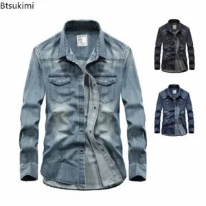 2026Men's Denim Jeans Shirt Long Sleeve 100% Cotton High Quality Handsome Hombre Casual Jean Shirt Top Male Shirts Plus Size 4XL