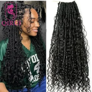 Natural Color Boho Locs Human Hair Curls Pre Looped Crochet Boho Locs with Human Hair Curls Knotless Locs Braid Extensions