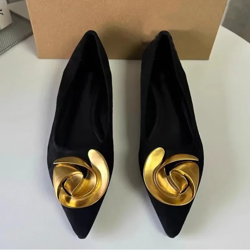 Elegant Office Women's Dress Shoes 2026 Summer New Black Shallow Pointed Toe Fashion Metal Flower Comfortable Ladies Flats - Image 5