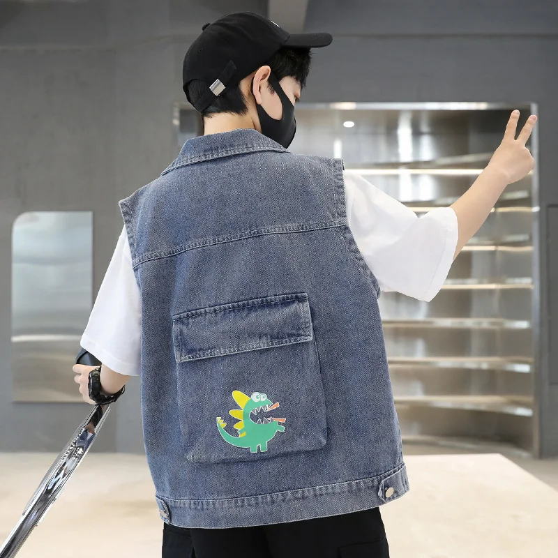 Cool Child Dinosaur Denim Vest For Boys High Street Waistcoat Outerwear Kids Child New Spring Sleeveless Jacket Costume Age 5-14 - Image 3