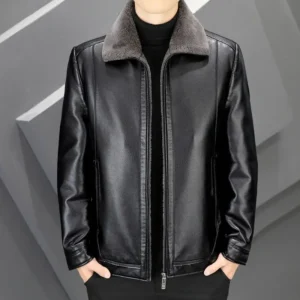 Men's Leather Jacket Warmth Thickened Fleece Collar Short Style Winter Outerwear Casual Cleanfit Style for Middle-Aged And El...