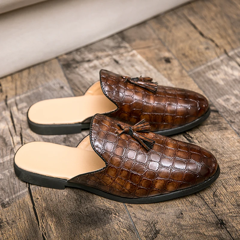 Leather Black Men’s Half Shoes for Men Party Shoes Casual Designer Shoes Fashion Loafers Luxury Black Slippers New Summer - Image 3
