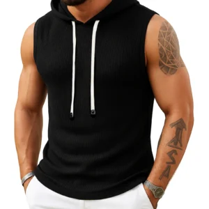 Tank Top Men’s Ribbed Sleeveless Hoodie Casual Muscle Fit Hooded Vest Gym Streetwear Sportswear Men Summer Top Tee Hooded Tank