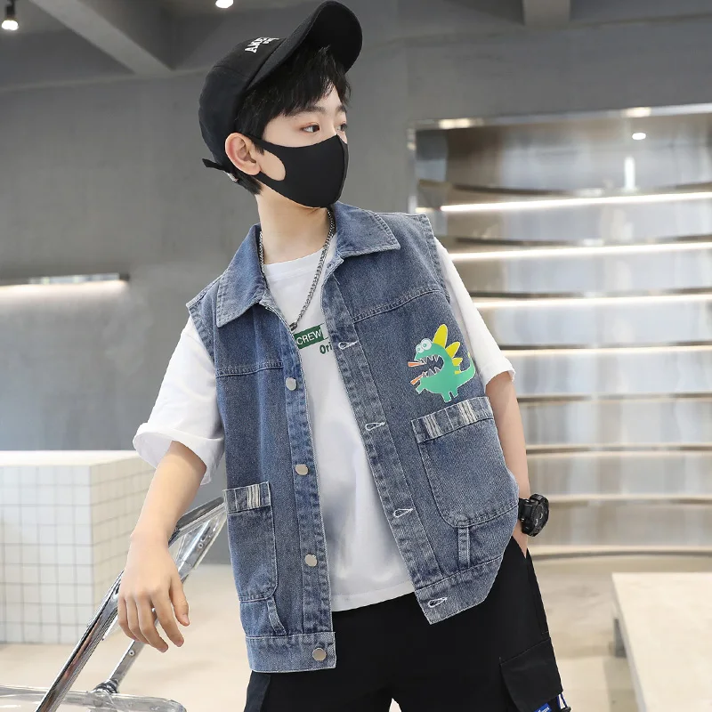 Cool Child Dinosaur Denim Vest For Boys High Street Waistcoat Outerwear Kids Child New Spring Sleeveless Jacket Costume Age 5-14 - Image 4