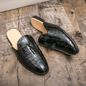 Leather Black Men’s Half Shoes for Men Party Shoes Casual Designer Shoes Fashion Loafers Luxury Black Slippers New Summer