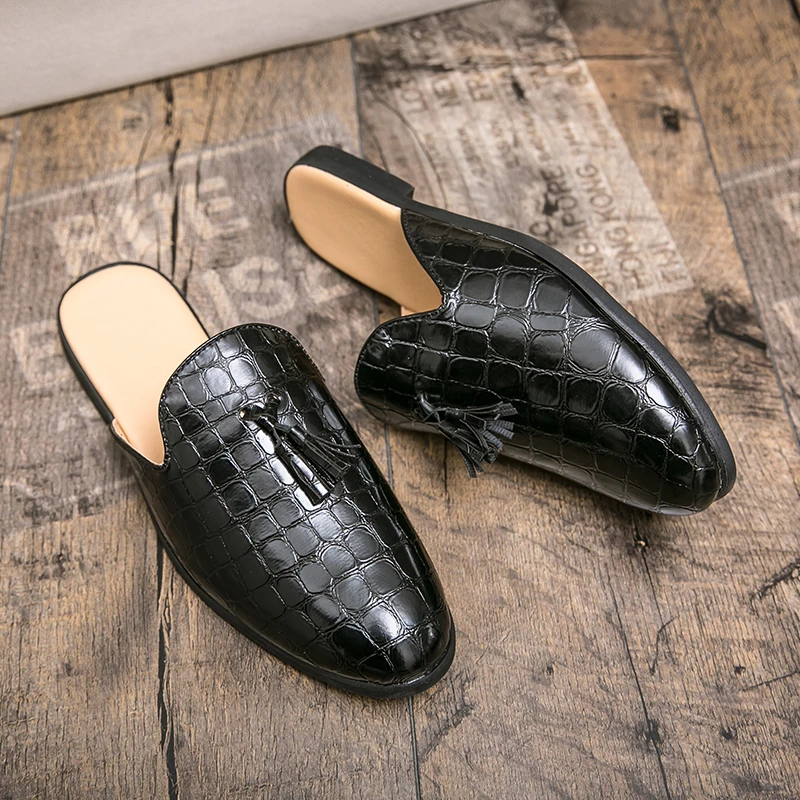 Leather Black Men’s Half Shoes for Men Party Shoes Casual Designer Shoes Fashion Loafers Luxury Black Slippers New Summer