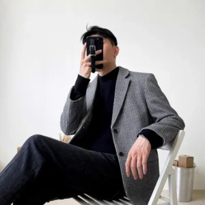 Men's American-Style Woolen Suit Jacket for Spring and Autumn, Loose Houndstooth Vintage European and American Casual Trendy Blazer
