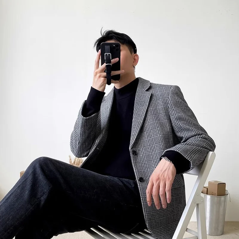 Men's American-Style Woolen Suit Jacket for Spring and Autumn, Loose Houndstooth Vintage European and American Casual Trendy Blazer