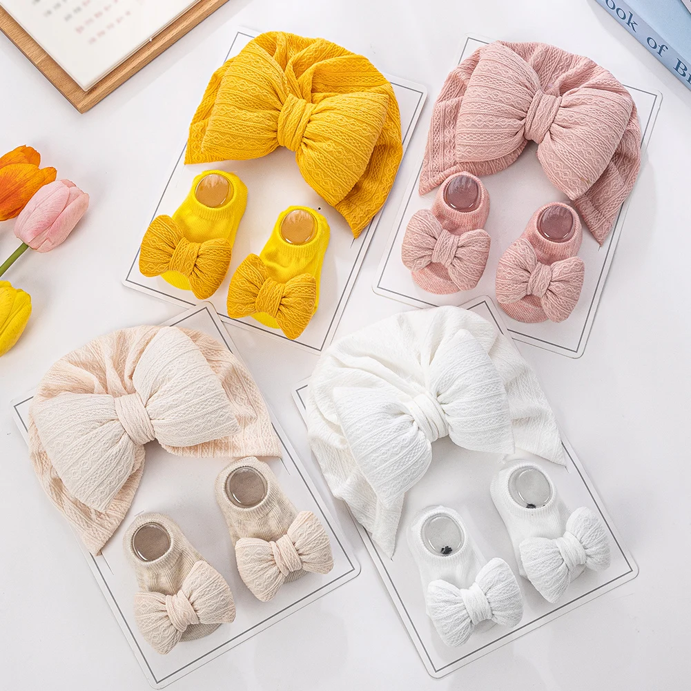 3Pcs/Set Baby Hats Socks Set Big Puff Pillow Bows Boys Girls Beanies Caps 0-12M Non-Slip Short Sock Infant Photography Props - Image 3