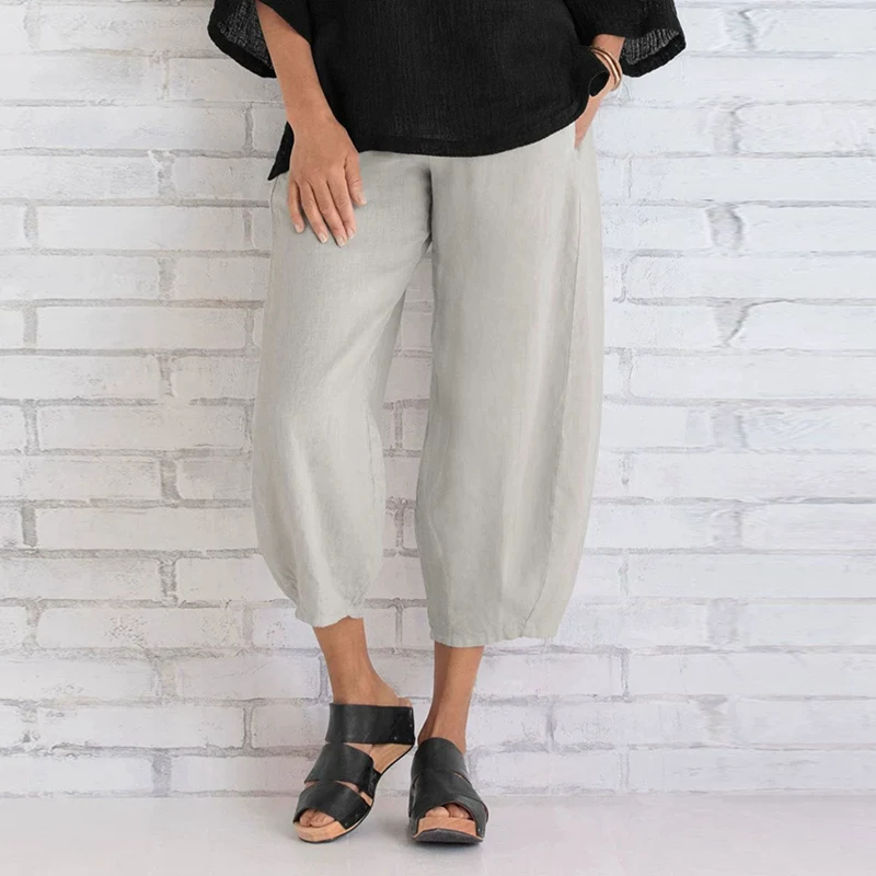 Women Harem Pants Vintage Cotton Linen Elastic Waist Wide Leg Trousers Female Casual Solid Pockets Loose Cropped Pants - Image 5
