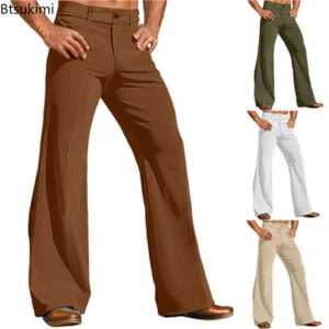 2026 Men's Dress Pants Solid Corduroy Flared Trousers Male Casual Pocket Plain Comfort Business Daily Holiday Modern Pants Men