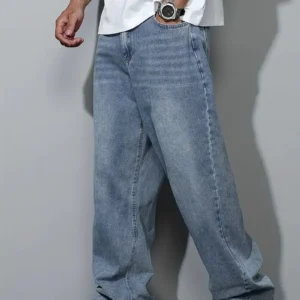 Straight Leg Jeans  Classic Light Wash Denim Trousers for Men  Minimalist Style with Watch  Men's Denim Trousers