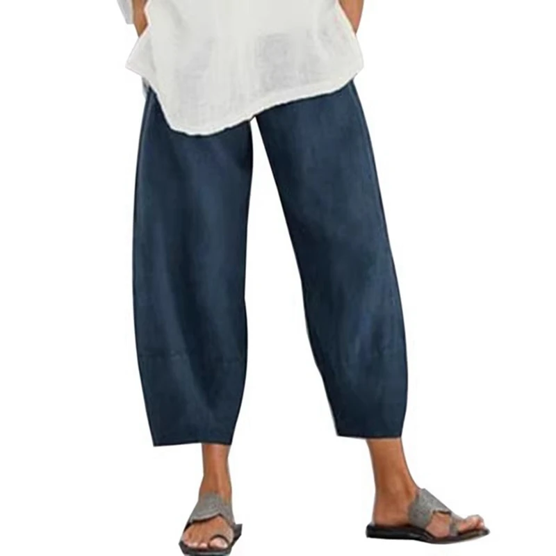 Women Harem Pants Vintage Cotton Linen Elastic Waist Wide Leg Trousers Female Casual Solid Pockets Loose Cropped Pants - Image 3