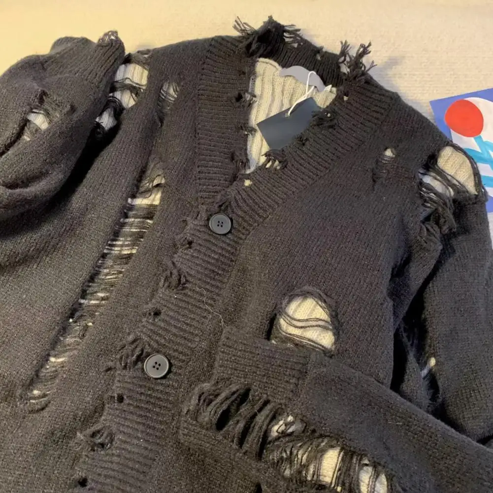 Men Cardigan Sweater Stylish Men's Ripped Hole Cardigan Sweater Coat with V Neck Single-breasted Design Trendy for Fashionable