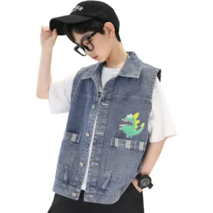 Cool Child Dinosaur Denim Vest For Boys High Street Waistcoat Outerwear Kids Child New Spring Sleeveless Jacket Costume Age 5-14