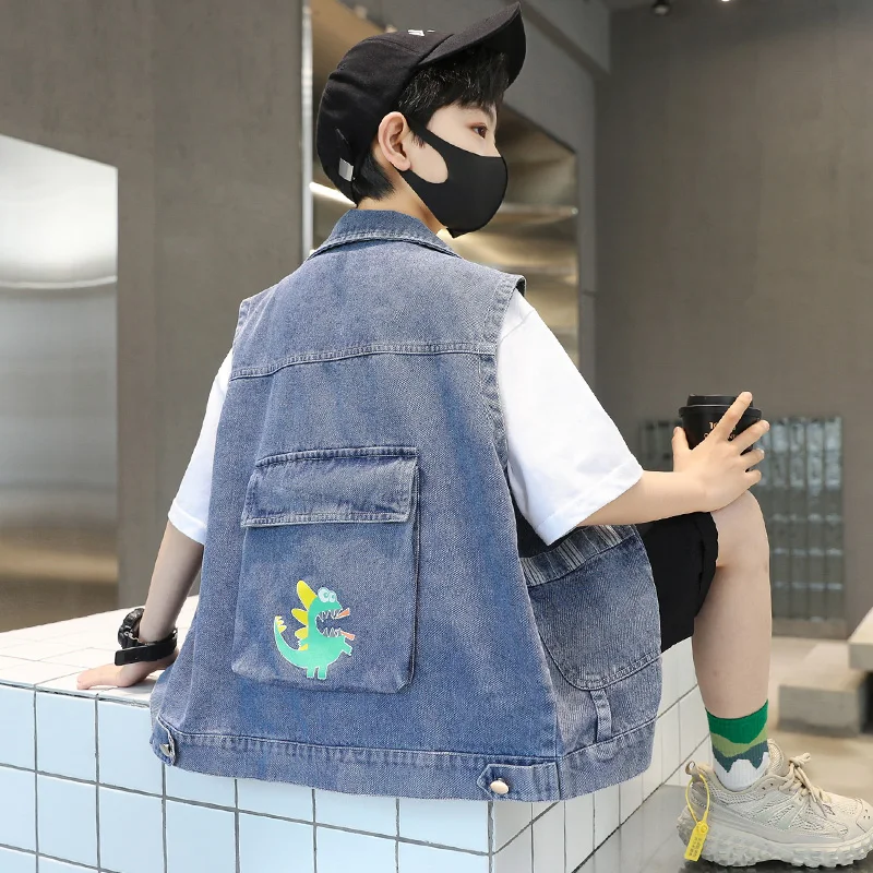 Cool Child Dinosaur Denim Vest For Boys High Street Waistcoat Outerwear Kids Child New Spring Sleeveless Jacket Costume Age 5-14 - Image 2
