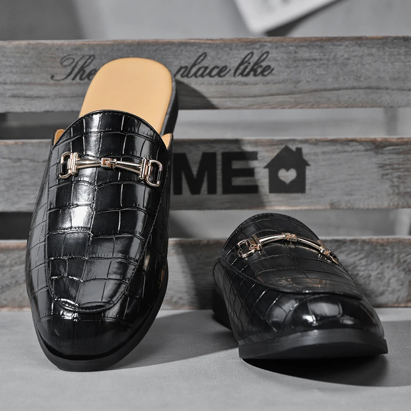 Leather Black Men’s Half Shoes for Men Party Shoes Casual Designer Shoes Fashion Loafers Luxury Black Slippers New Summer - Image 4