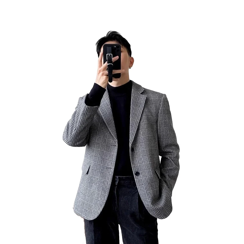 Men's American-Style Woolen Suit Jacket for Spring and Autumn, Loose Houndstooth Vintage European and American Casual Trendy Blazer - Image 6