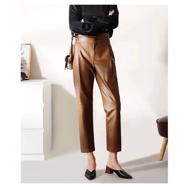 Women's Leather Pants, Female Elastic High Waist Genuine Pants, Loose Harem Trousers, Casual Fashion, Large Size, Autumn, Winter - Image 8