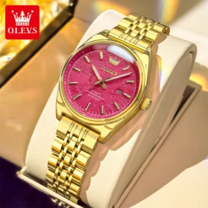 OLEVS Women's Watches Luxury Fashion Rose Red Original Quartz Watch for Lady Waterproof Stainless Steel Luminous Date Top Brand