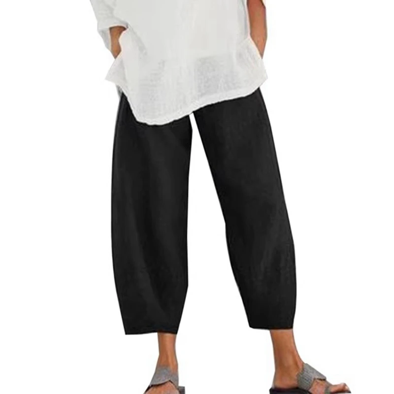 Women Harem Pants Vintage Cotton Linen Elastic Waist Wide Leg Trousers Female Casual Solid Pockets Loose Cropped Pants - Image 8