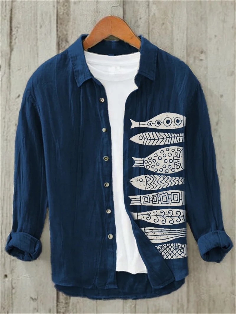 Linen Men's 3D Art Printed Shirt Casual Vintage Style Long Sleeve Lapel Collar Top Fashion Funny Printed Beige Top - Image 9