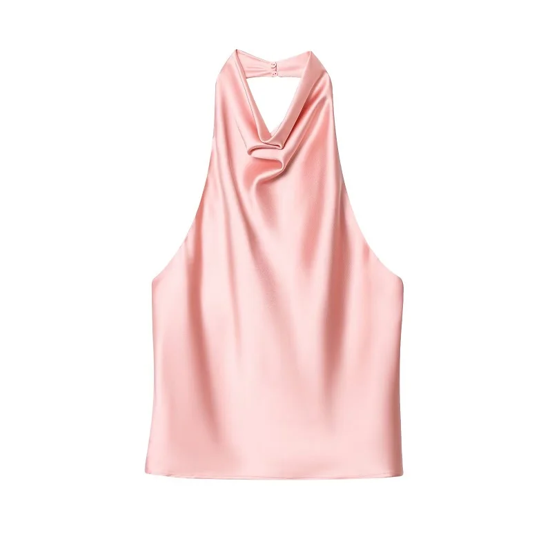 MUJER 2025 Halter Tops for Women Black Satin Backless Top Female Pink Summer Beach Top Woman off Shoulder Camisole Top Women - Image 2