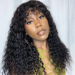 Water Wave Brazilian Human Hair Wig With Bangs Full Machine Made Wigs for Black Women Deep Wave Curly Wigs On Promotion
