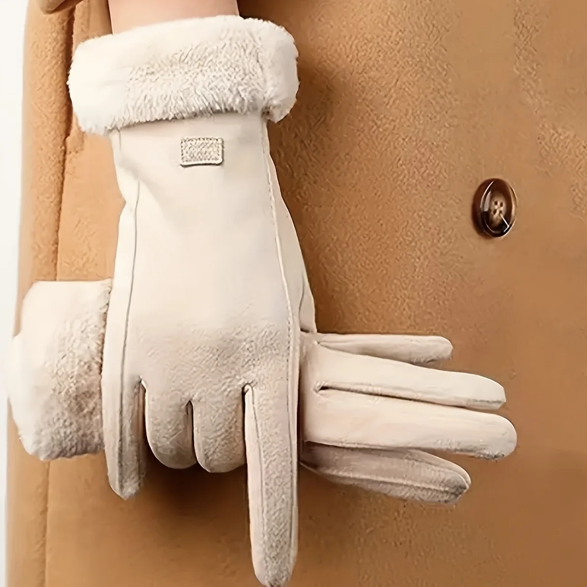 Comfortable beige touchscreen gloves with plush lining - providing thick and warm winter protection for outdoor leisure - Image 5