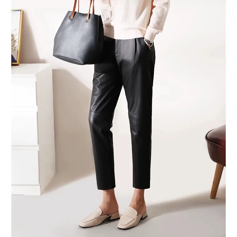 Women's Leather Pants, Female Elastic High Waist Genuine Pants, Loose Harem Trousers, Casual Fashion, Large Size, Autumn, Winter - Image 7
