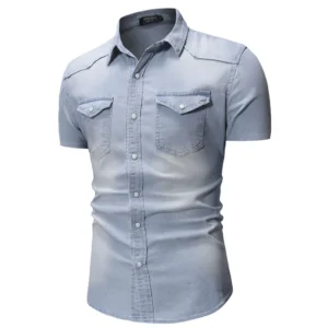 Men's Denim Short Sleeve Shirt Summer American Casual Workwear Style Fashion Jean Shirt Breathable Daily Wear Summer Clothing