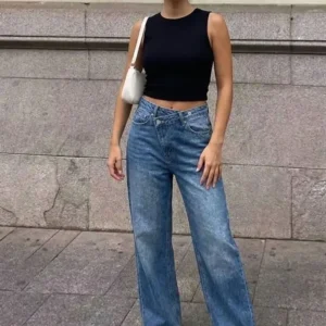HH Women Elegant Fashion Straight Jeans Vintage Casual High Waist Wide Leg Denim Pants Y2K High Street Lady Trousers Blue Jeans