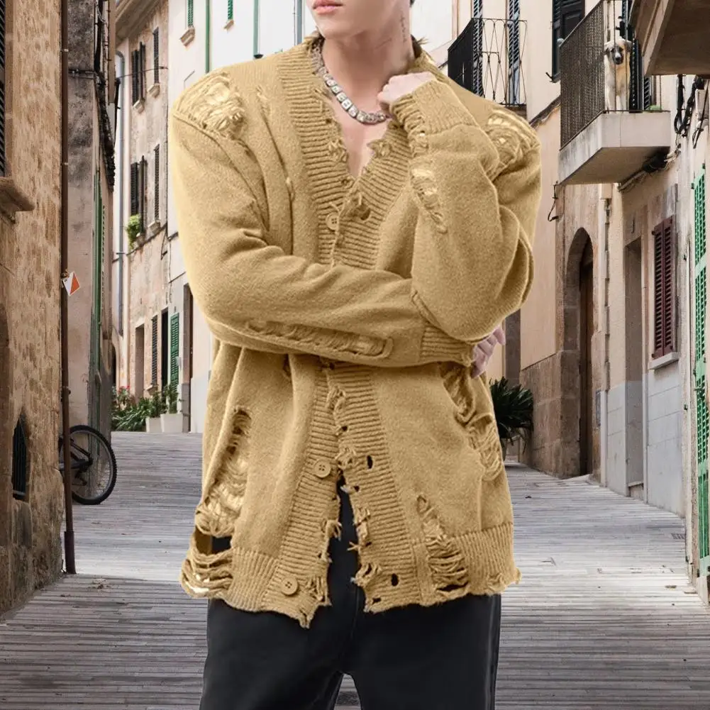 Men Cardigan Sweater Stylish Men's Ripped Hole Cardigan Sweater Coat with V Neck Single-breasted Design Trendy for Fashionable - Image 3